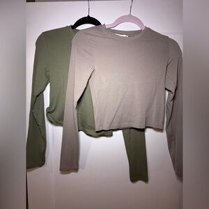 Pull&Bear Long Sleeve Tops - Green and Beige